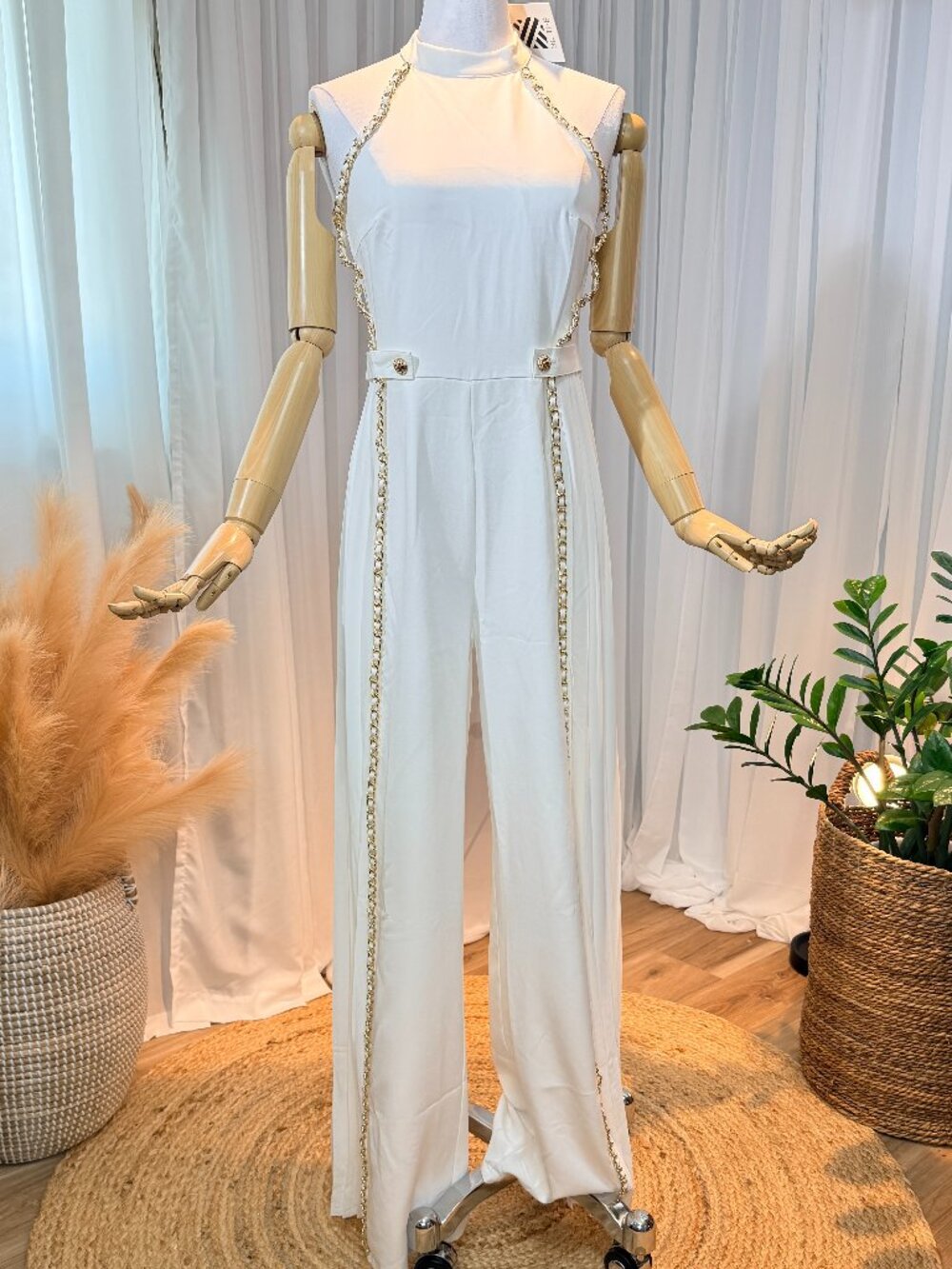 Blithe LA Ivory Gold Chain Halter Wide Leg Jumpsuit NWT Size L